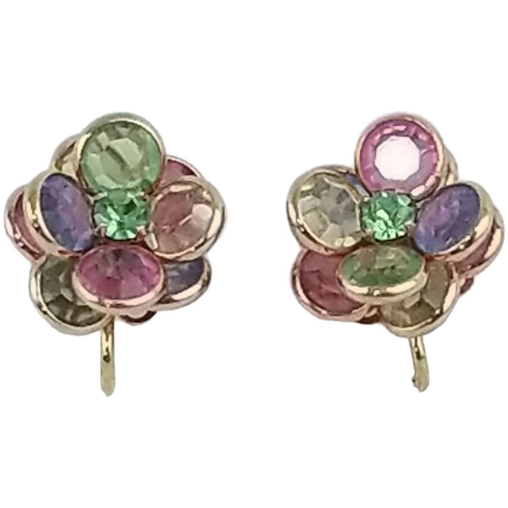 Vintage 3D Layered Flower Earrings Multicolor Pastel Spring Floral Clip Ons X21